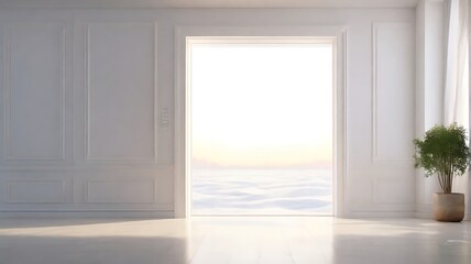 Fototapeta premium White room with wooden door open, key to success concept