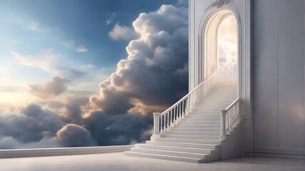 bright staircase leads up to the clouds to success amidst freedom, a white staircase in the clouds. - obrazy, fototapety, plakaty