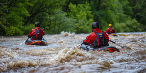 A man in a yellow jacket is riding a raft in a river