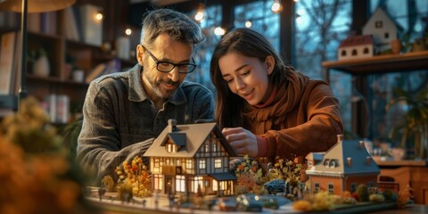 A man and a woman are looking at a model house