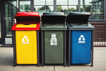 Three separate recycling bins with colored lids for different waste types placed outside a modern building for public use. - obrazy, fototapety, plakaty
