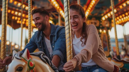Fototapeta na wymiar happy adults experience unforgettable emotions of admiration and laugh while riding on the Carousel in the amusement park