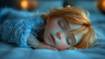 Blond cartoon boy sleeping under a turquoise blanket. A child's sweet dream.