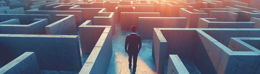 A determined businessman searching for the right path in a complex maze.