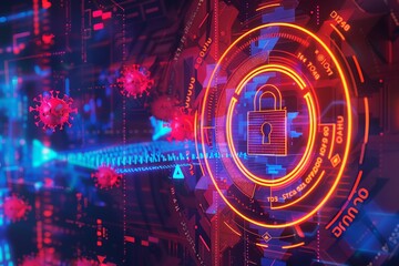 A digital cybersecurity concept featuring a padlock with a targeting reticle on a virus graphic