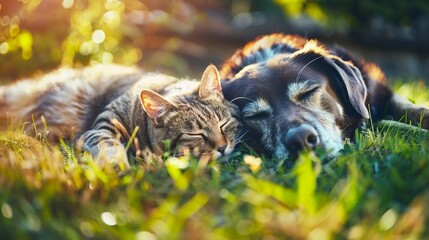 A dog and cat lie side by side peacefully sleeping on a sunlit patch of grass - obrazy, fototapety, plakaty