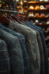 Warm jackets in a row on a rack with men's jackets in a men's clothing store