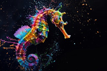 A dynamic image of a seahorse with splashes of vibrant paint against a black background. - Powered by Adobe