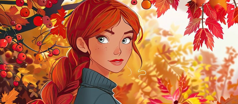 A fictional character with red hair is smiling in front of a tree with leaves, resembling a cg artwork. The plant and iris add to the artistic painting, creating a happy scene of people in nature