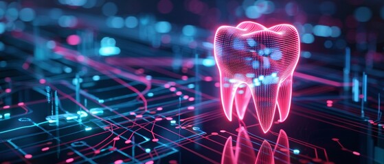 A high-tech dental concept with a glowing digital tooth model displayed in a cybernetic environment