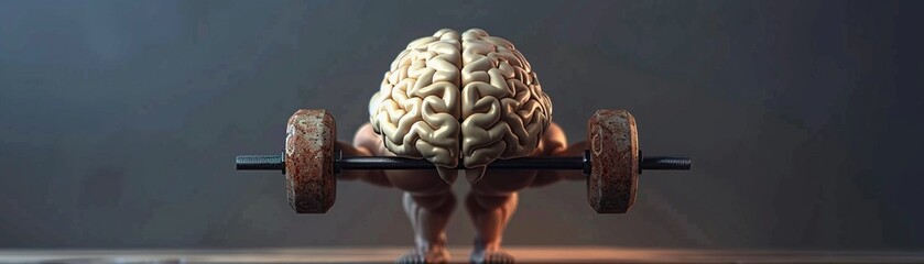 A human brain with arms lifting weights - obrazy, fototapety, plakaty