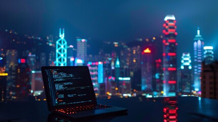 A laptop displays code against the backdrop of a vibrant city at night