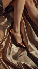 Slim graceful women's shiny skin legs posing on silk fabric