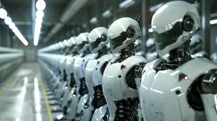 Fototapeta premium A line of industrial robots in a modern manufacturing plant