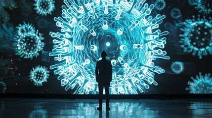 A man stands in contemplation before a large-scale holographic representation of the coronavirus