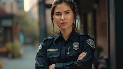A professional female police officer stands with arms crossed in a confident stance