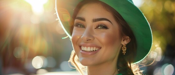 A radiant woman smiles wearing a green hat and dress