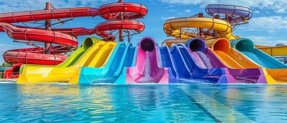 Fototapeta na wymiar A set of colorful water slides in an outdoor aquapark