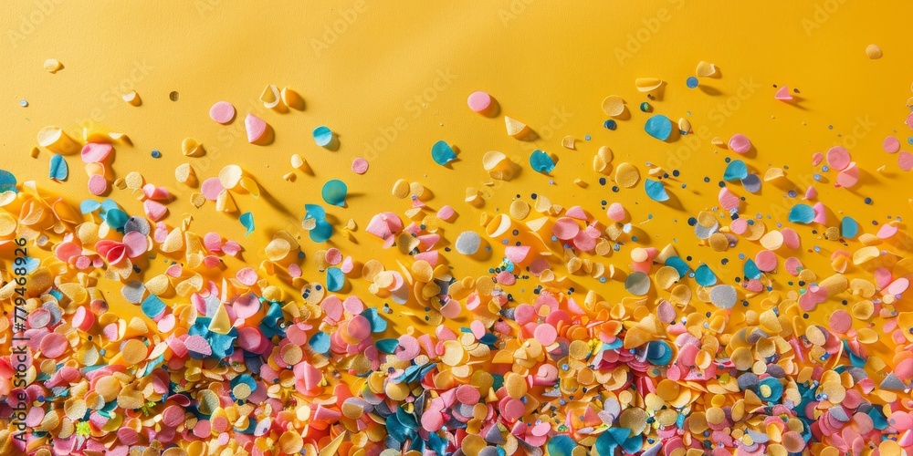 Poster Colorful confetti scattered over a sunny yellow background.