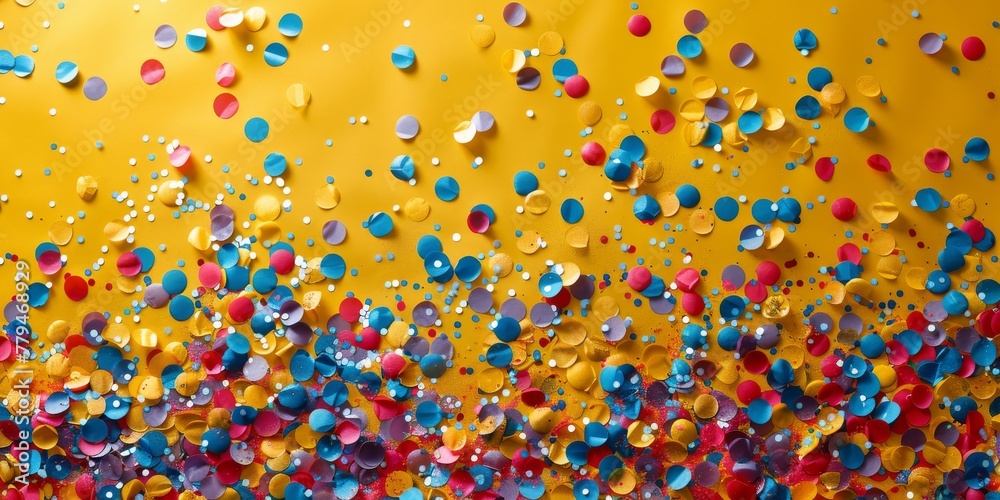 Wall mural Colorful confetti scattered over a sunny yellow background.