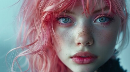 A young woman with stylish pink hair and striking eyes makes a bold fashion statement