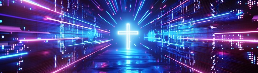 Digital cross glowing in a futuristic cyber tunnel with vibrant blue and purple lights
