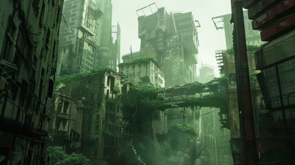 A surrealistic depiction of a post-apocalyptic city  AI generated illustration - obrazy, fototapety, plakaty