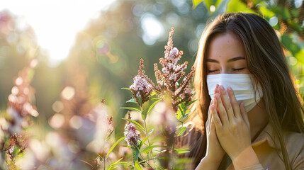 A girl with allergies is sneezing because of ragweed pollen, with the plant visible in the background - obrazy, fototapety, plakaty