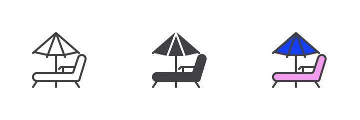 Deck chair and umbrella different style icon set