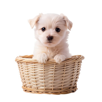 White puppy in a basket isolated on transparent background