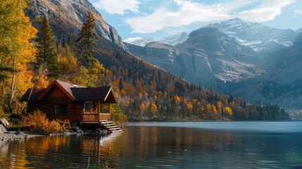 A tranquil lakeside cabin with a view of the mountains  AI generated illustration - obrazy, fototapety, plakaty