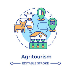 Agritourism multi color concept icon. Niche tourism. Rural tourism. Farm activities. Animal husbandry. Round shape line illustration. Abstract idea. Graphic design. Easy to use in blog post