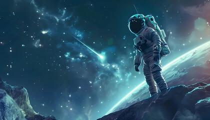 Icon of an astronaut floating outside the space station when suddenly you see a shooting star str Generative AI