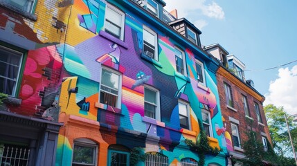 A vibrant street art mural covering an entire building  AI generated illustration - obrazy, fototapety, plakaty