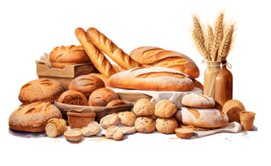 Various sweet breads and slices of bakery or pastries, isolated cartoon vector set of bakery products. translucent background