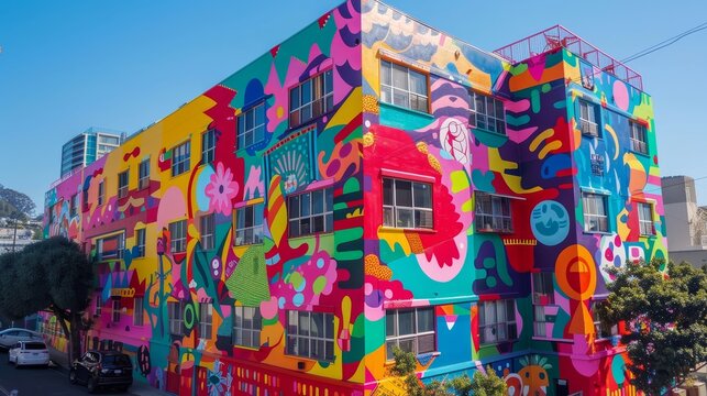 A vibrant street art mural covering an entire building  AI generated illustration
