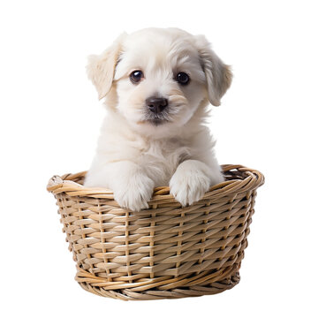 White puppy in a basket isolated on transparent background