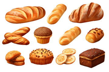 Set of various sweet breads Slices and bakery or pastries, isolated cartoon vector set of bakery products translucent background