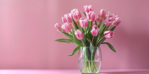 A vase of pink tulips sits on a pink table