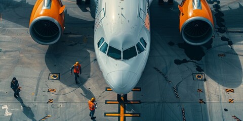 A white airplane with orange and red engines is parked on the tarmac