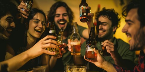 A group of people are celebrating with beer and smiling
