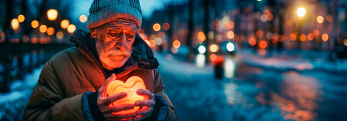 In the twilight of a snowy evening, an old man holds a glowing heart, symbolizing warmth, love, and hope amidst the cold urban backdrop. Banner. Copy space