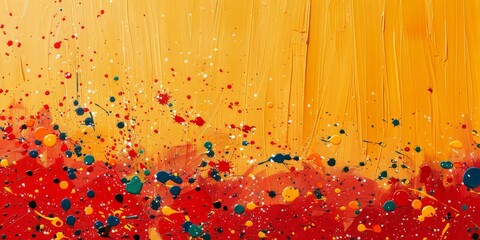 A beautiful red-colored paint mural with little colorful confetti scattered on a yellow background.