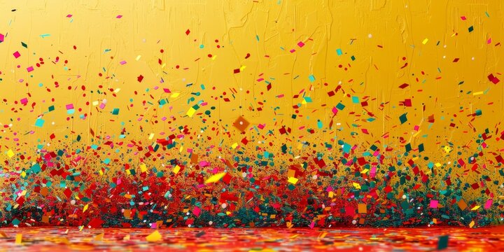 A beautiful red-colored paint mural with little colorful confetti scattered on a yellow background.