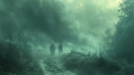A mysterious fog-filled path where ghostly figures and mythical beasts are glimpsed - obrazy, fototapety, plakaty