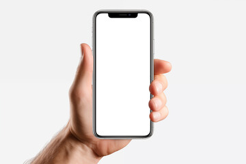 hand holding phone with isolated on white .
