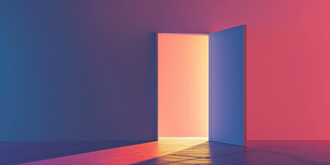A door is open in a room with a blue and pink background
