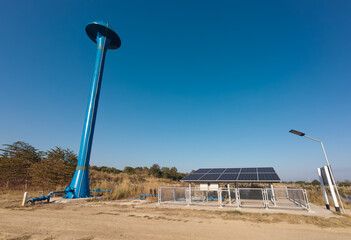 Solar panel for groundwater pump to storage amid drought in rural. - 779471338