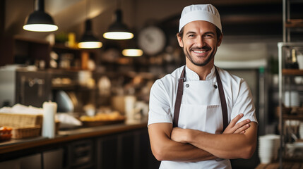 male chef in a chef's hat with arms crossed wears apron standing in restaurant kitchen