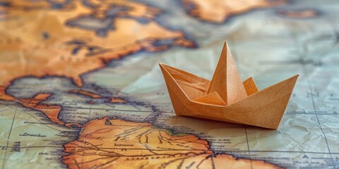 A paper boat is on a map of the world